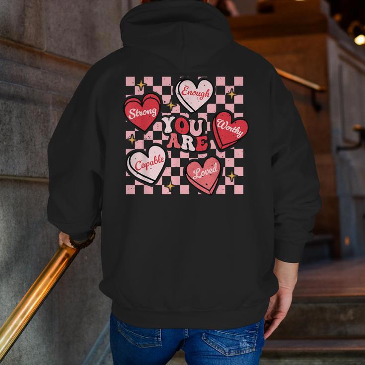 Valentine You Are Loved Worthy Enough Candy Heart Teacher For Men Women Girls Kids Men Zip Up Hoodie Back Print, funny gift