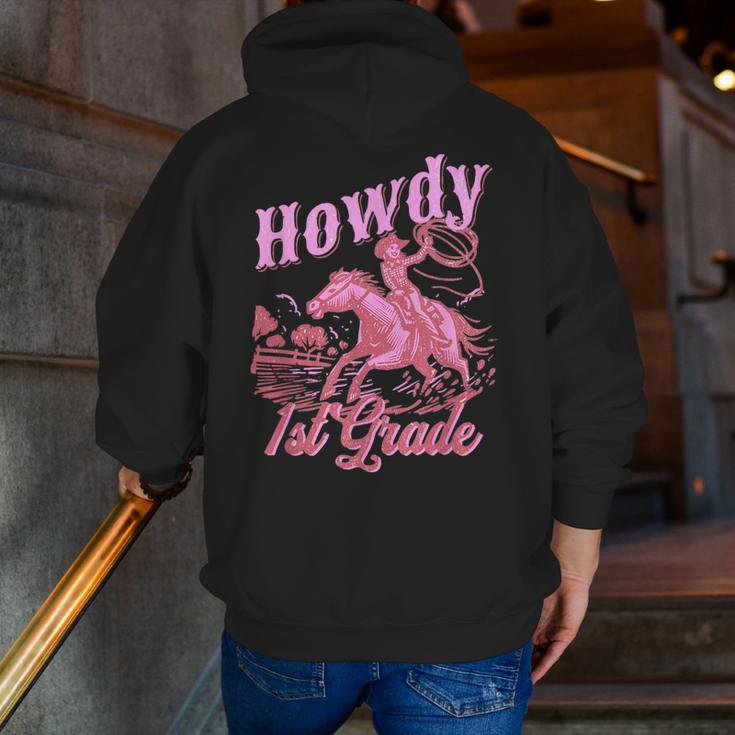 Vintage Howdy First Grade Cowgirl Teacher Western School Men Zip Up Hoodie Back Print, First Grade Teacher Hoodies, funny gift