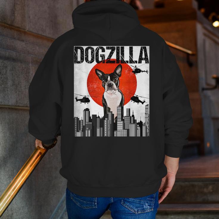 Vintage Japanese Dogzilla Boston Terrier Men Zip Up Hoodie Back Print, funny gift