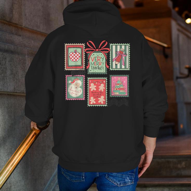 Vintage Preppy Very Merry Teacher Santa Stamps Christmas Men Zip Up Hoodie Back Print, funny gift