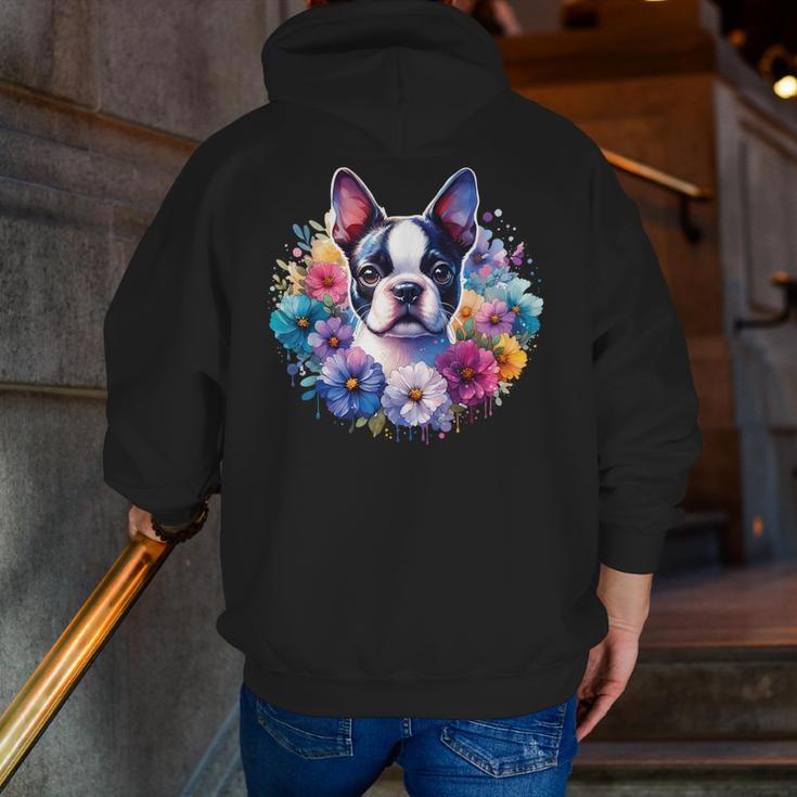 Watercolor Floral Boston Terrier Mama Dog Lover Mother's Day Men Zip Up Hoodie Back Print, funny gift