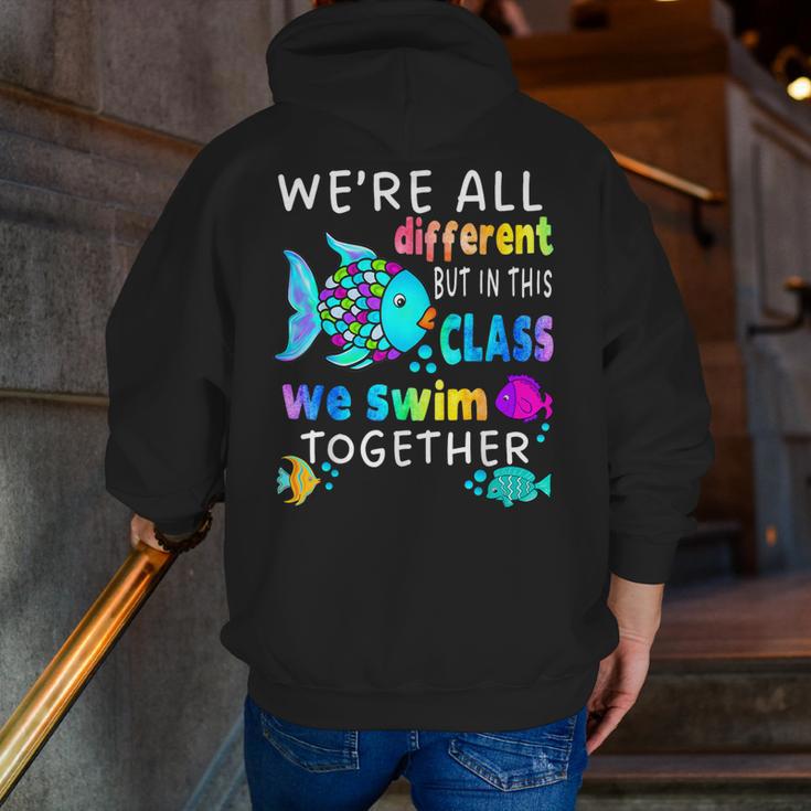 We'Re All Different But We Swim Together Elementary Teacher Men Zip Up Hoodie Back Print, funny gift We'Re All Different But We Swim Together Elementary Teacher Men Zip Up Hoodie Back Print, funny gift