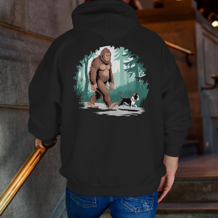 Whimsical Forest Adventures Sasquatch Bigfoot Walking Boston Terrier Dog Lovers Men Zip Up Hoodie Back Print, funny gift