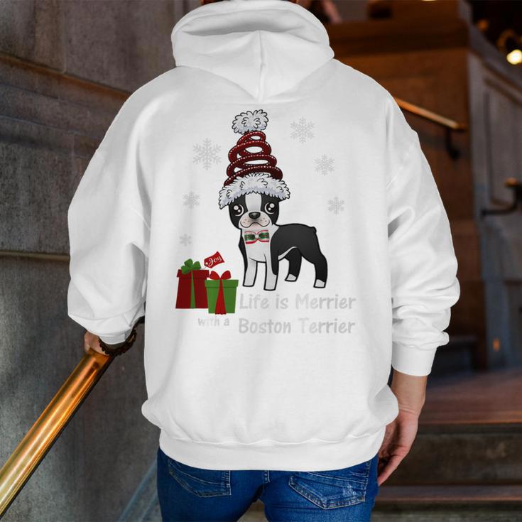 Boston Terrier Christmas T Shirt-Life Is Merrier Premium Tri-Blend Men Zip Up Hoodie Back Print, Boston Terrier Christmas Hoodies, funny gift