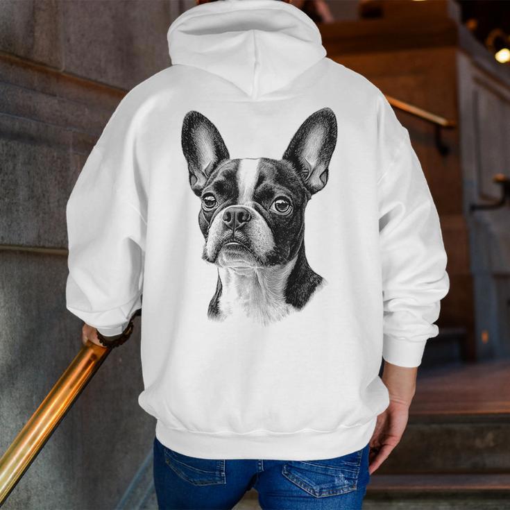 Boston Terrier Dog Motif Pet Illustration Boston Terrier For Men Women Kids Men Zip Up Hoodie Back Print, funny gift