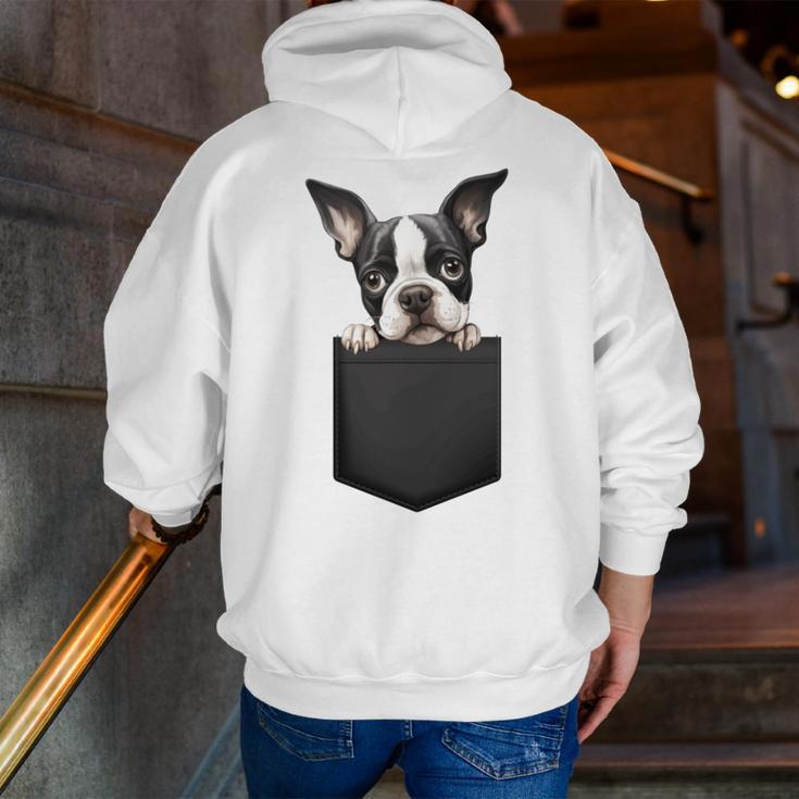 Boston Terrier Dog Puppy Dog In Pocket Cute Pet Lover Men Zip Up Hoodie Back Print, funny gift