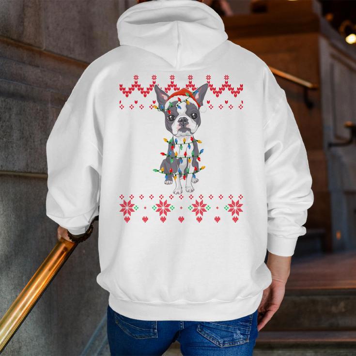 Boston Terrier Dog Santa Hat Men Kids Ugly Christmas Light Men Zip Up Hoodie Back Print, Boston Terrier Christmas Hoodies, funny gift