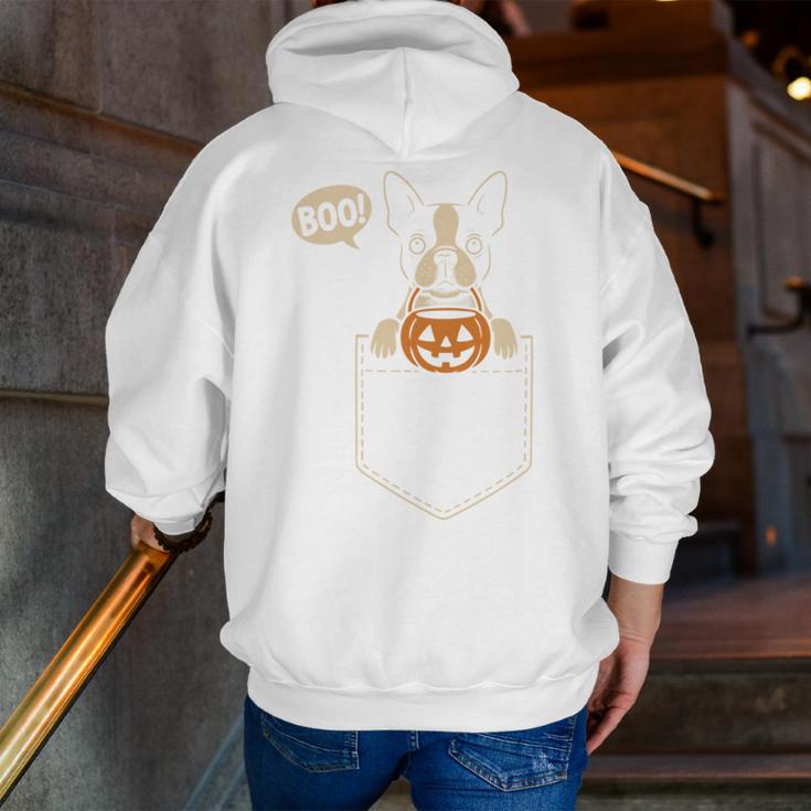 Boston Terrier Halloween Cute Bostie Dog Pocket Boo Men Zip Up Hoodie Back Print, Boston Terrier Halloween Hoodies, funny gift