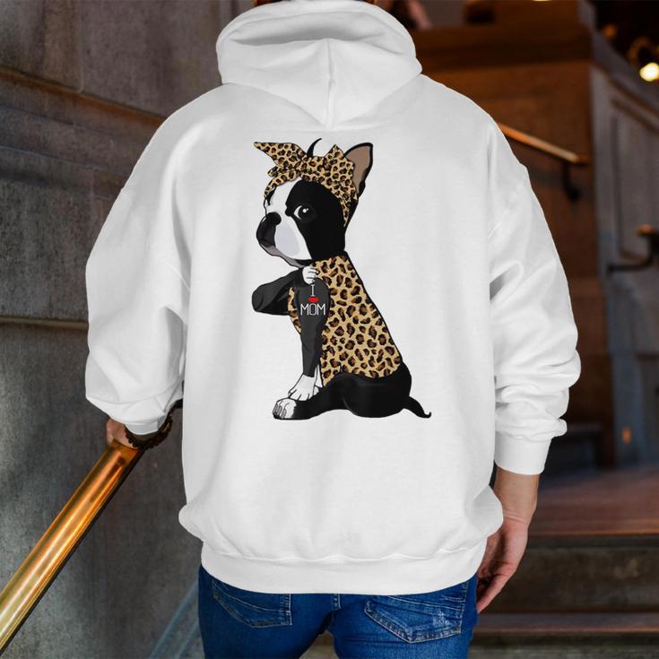 Boston Terrier Lover I Love Mom Tattoo Leopard Men Zip Up Hoodie Back Print, Boston Terrier Mom Hoodies, funny gift