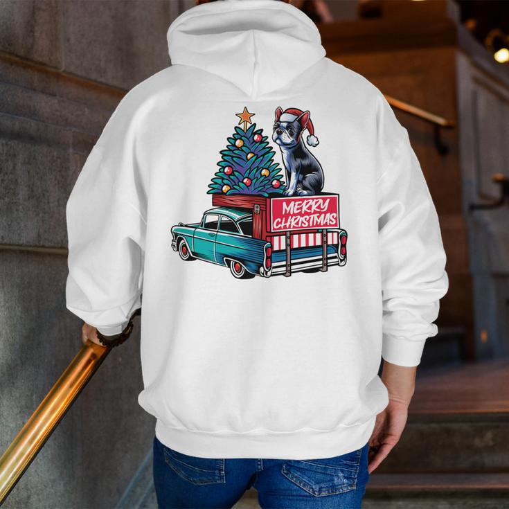 Boston Terrier Merry Christmas Tree Truck Santa Dog X-Mas Men Zip Up Hoodie Back Print, Boston Terrier Christmas Hoodies, funny gift
