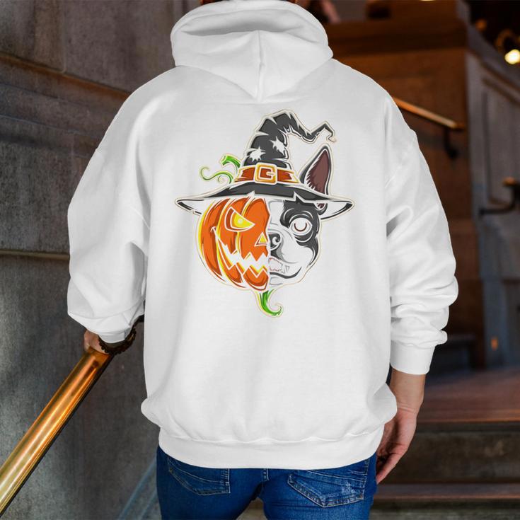 Boston Terrier Pumpkin Jack O Lantern Halloween Men Zip Up Hoodie Back Print, Boston Terrier Halloween Hoodies, funny gift