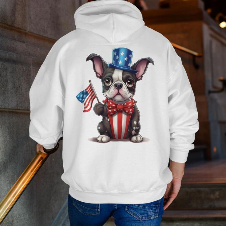 Boston Terrier Puppy Dog Holds His American Flag 4th Of July Men Zip Up Hoodie Back Print, American Boston Terrier Hoodies, Boston Terrier 4th Of July Hoodies, funny gift