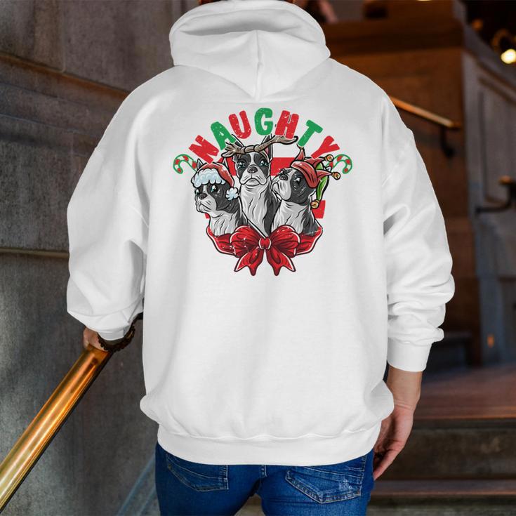 Boston Terrier Santa Claus Elf Reindeer Christmas Dog X-Mas Men Zip Up Hoodie Back Print, Boston Terrier Christmas Hoodies, funny gift