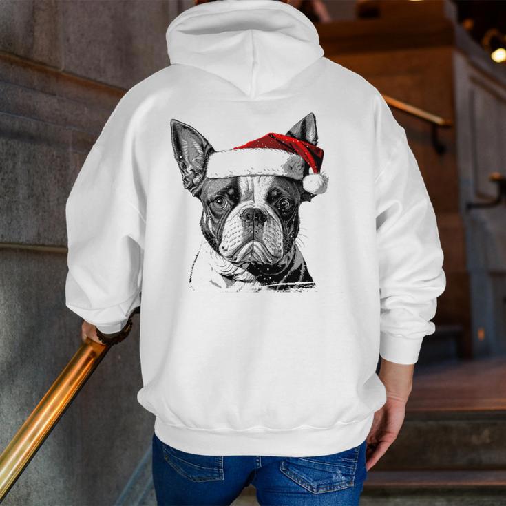 Boston Terrier Santa Claus Hat Merry Christmas Dog X-Mas Men Zip Up Hoodie Back Print, Boston Terrier Christmas Hoodies, funny gift