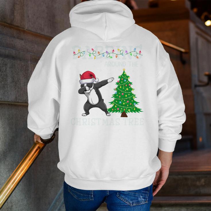 Boston Terrier Santa Hat Dabbing Around The Christmas Tree Men Zip Up Hoodie Back Print, Boston Terrier Christmas Hoodies, funny gift
