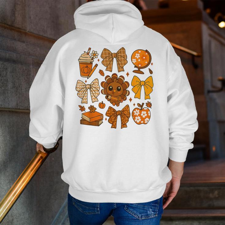Coquette Teach Teacher Bows Thanksgiving Turkey Fall Autumn Men Zip Up Hoodie Back Print, funny gift