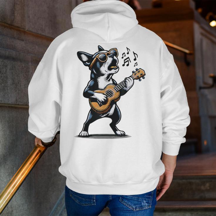Dog Playing Guitar Singing Boston Terrier For Men Women Girls Kids Men Zip Up Hoodie Back Print, funny gift