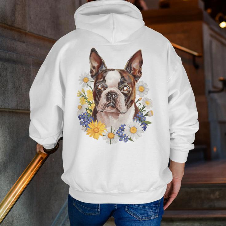 Floral Boston Terrier Men Zip Up Hoodie Back Print, funny gift