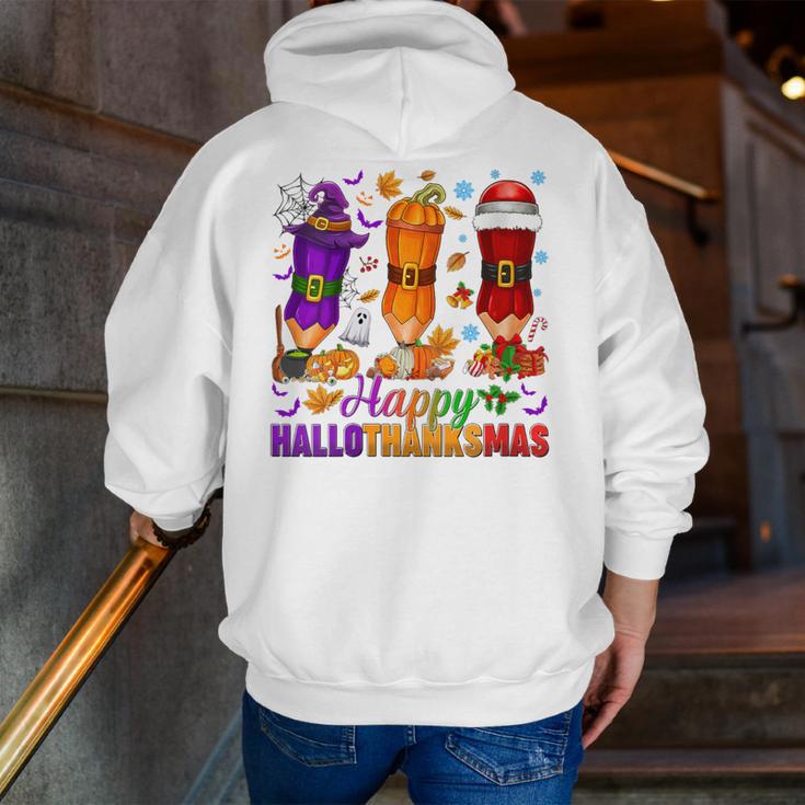 Happy Hallothanksmas Halloween Thanksgiving Pencils Teachers Men Zip Up Hoodie Back Print, funny gift