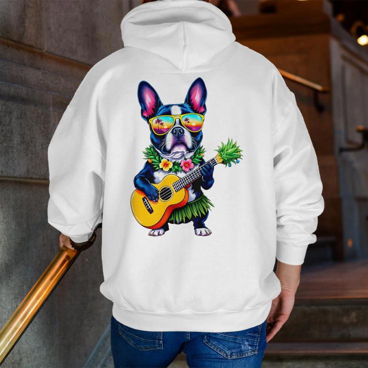 Hawaiian Boston Terrier & Pineapple Ukulele Summer Vacation Men Zip Up Hoodie Back Print, funny gift