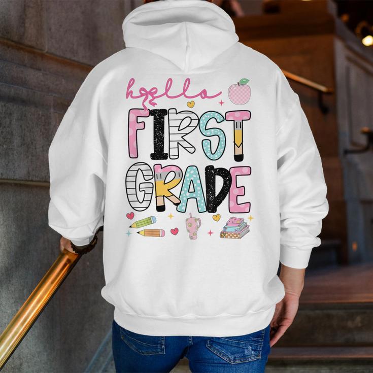 Hello First Grade Teacher Coquette Pencil Bow Back To School Men Zip Up Hoodie Back Print, First Grade Teacher Hoodies, funny gift Hello First Grade Teacher Coquette Pencil Bow Back To School Men Zip Up Hoodie Back Print, First Grade Teacher Hoodies, funny gift