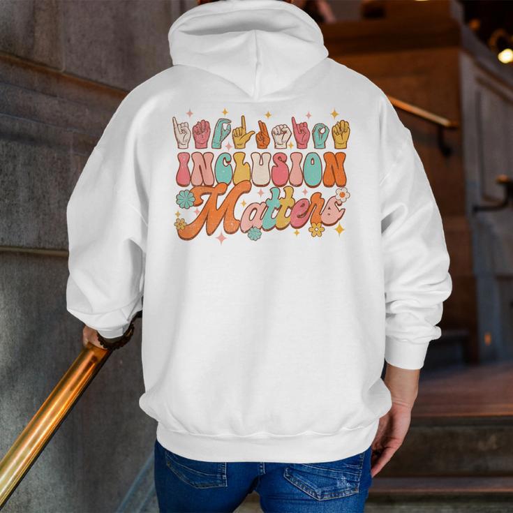 Inclusion Matters Groovy American Sign Language ASL Teacher For Men Women Men Zip Up Hoodie Back Print, Groovy Teacher Hoodies, funny gift