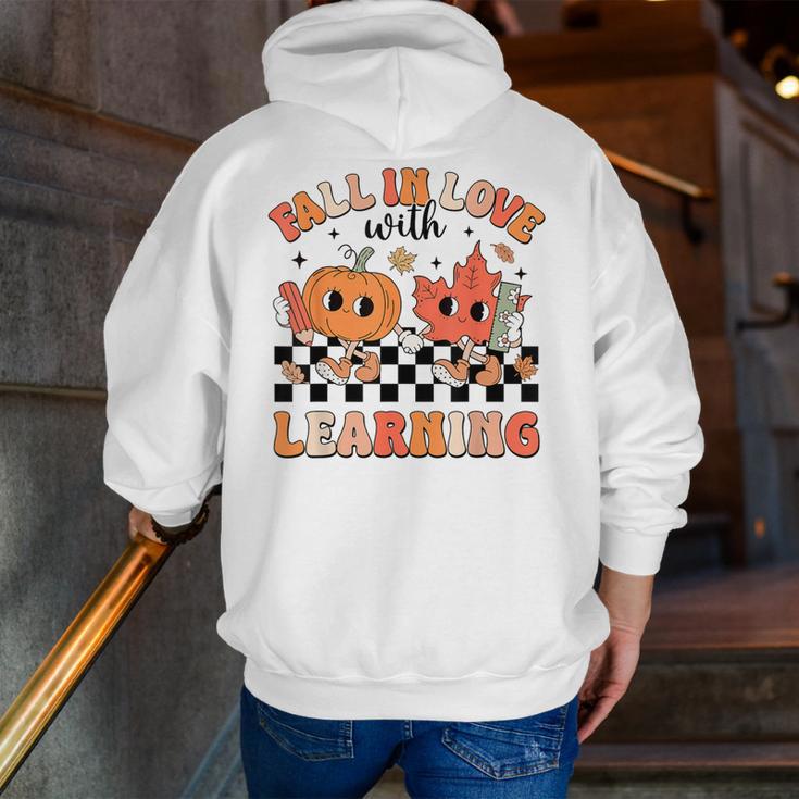 Retro Fall In Love With Learning Autumn Pumpkin Teacher Men Zip Up Hoodie Back Print, funny gift