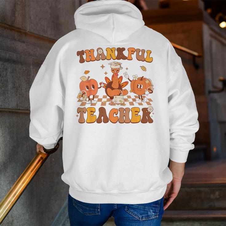 Thankful Teacher Retro Groovy Thanksgiving Fall Women Men Men Zip Up Hoodie Back Print, Groovy Teacher Hoodies, funny gift