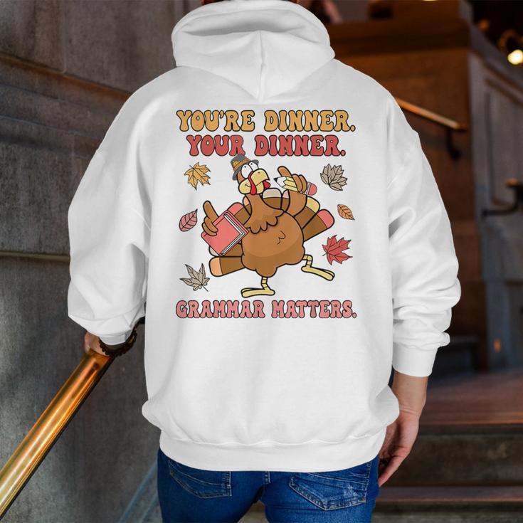 Thanksgiving Grammar Thankful English Teacher Fall Turkey Men Zip Up Hoodie Back Print, English Teacher Hoodies, funny gift