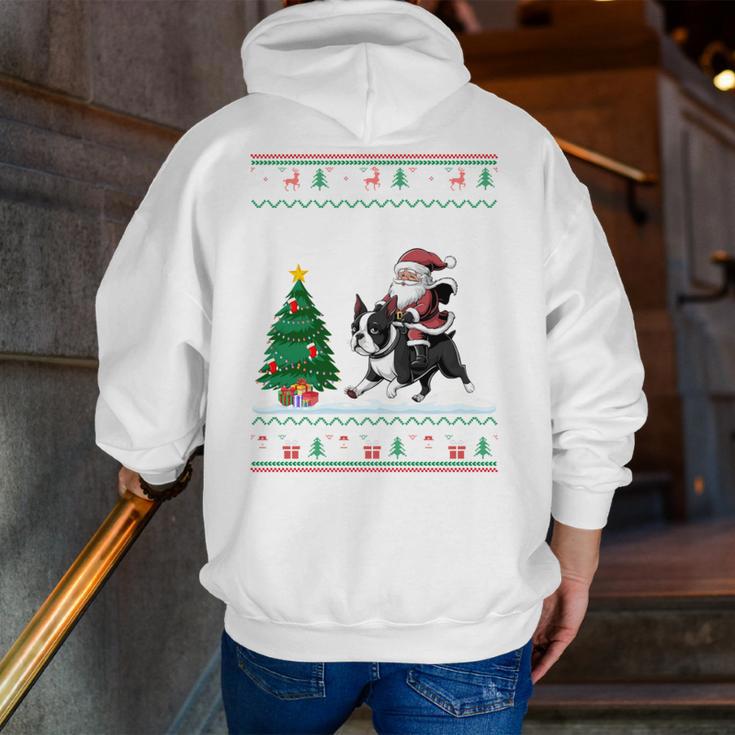 Ugly Christmas Tree Lights Xmas Santa Riding Boston Terrier Men Zip Up Hoodie Back Print, Boston Terrier Riding Hoodies, Boston Terrier Christmas Hoodies, funny gift