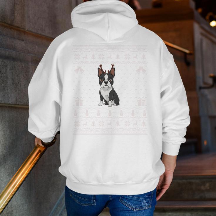 Ugly Xmas Sweater Style Boston Terrier Reindeer Christmas Men Zip Up Hoodie Back Print, Boston Terrier Christmas Hoodies, funny gift