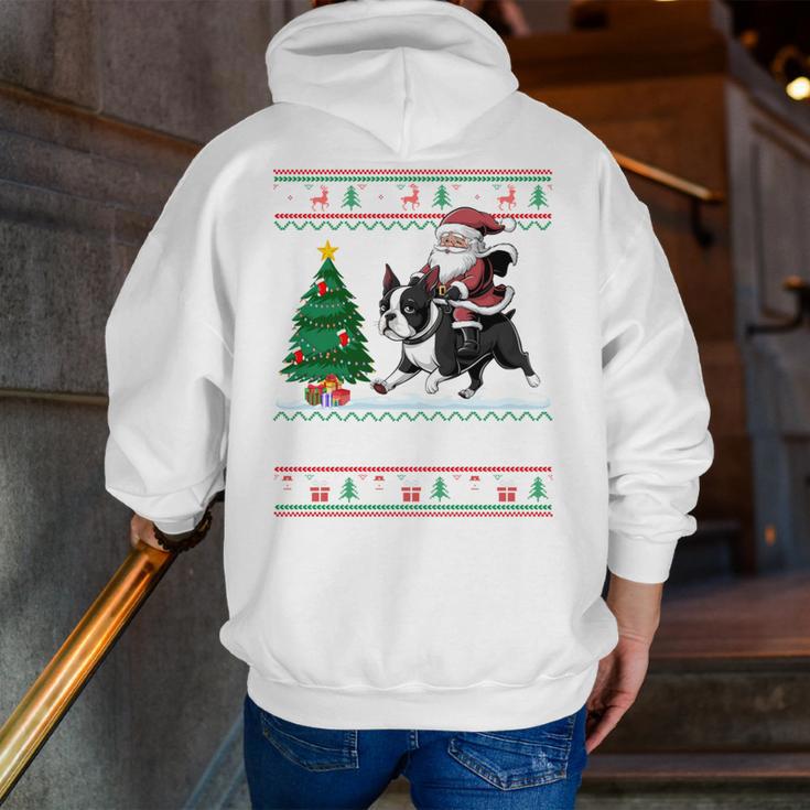 Xmas Tree Lighting Santa Riding Boston Terrier Christmas Men Zip Up Hoodie Back Print, Boston Terrier Riding Hoodies, Boston Terrier Christmas Hoodies, funny gift