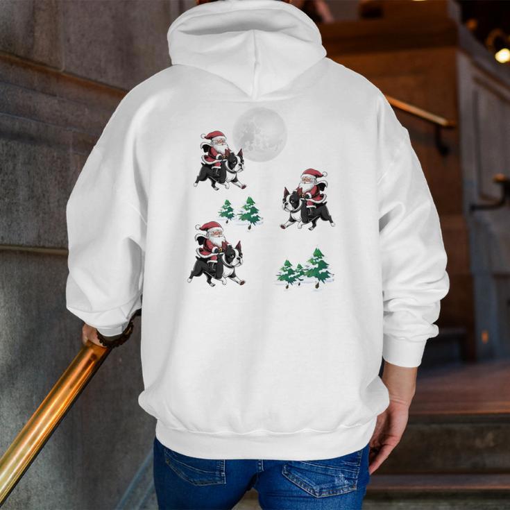 Xmas Tree Santa Riding Boston Terrier Christmas Men Zip Up Hoodie Back Print, Boston Terrier Riding Hoodies, Boston Terrier Christmas Hoodies, funny gift