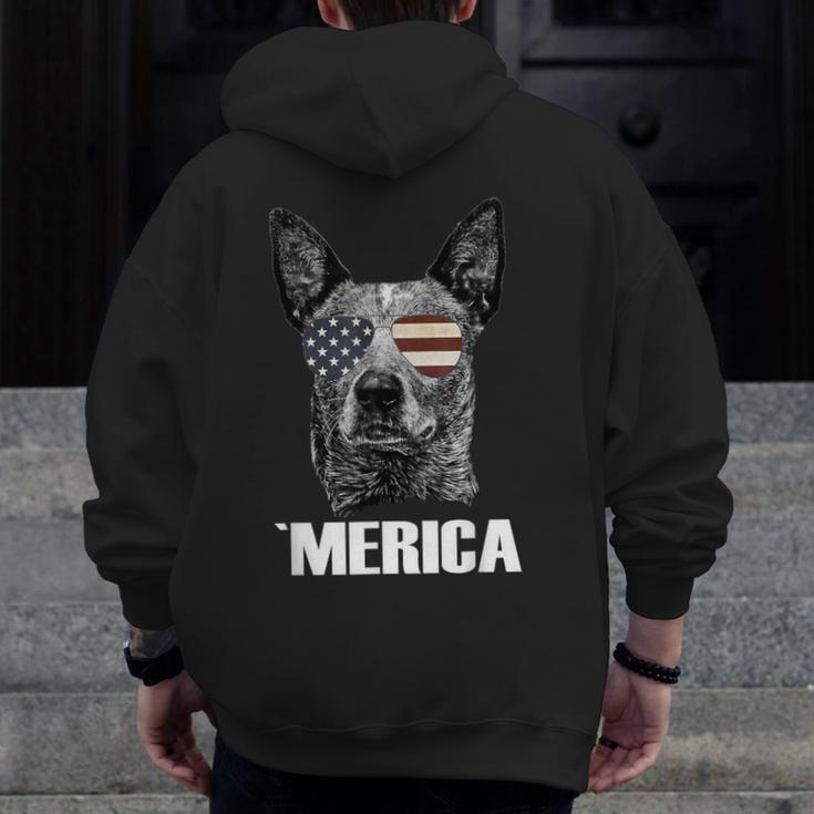 4th July Blue Heeler Dog Merica Patriotic USA Flag Cute Men Zip Up Hoodie Back Print, funny design