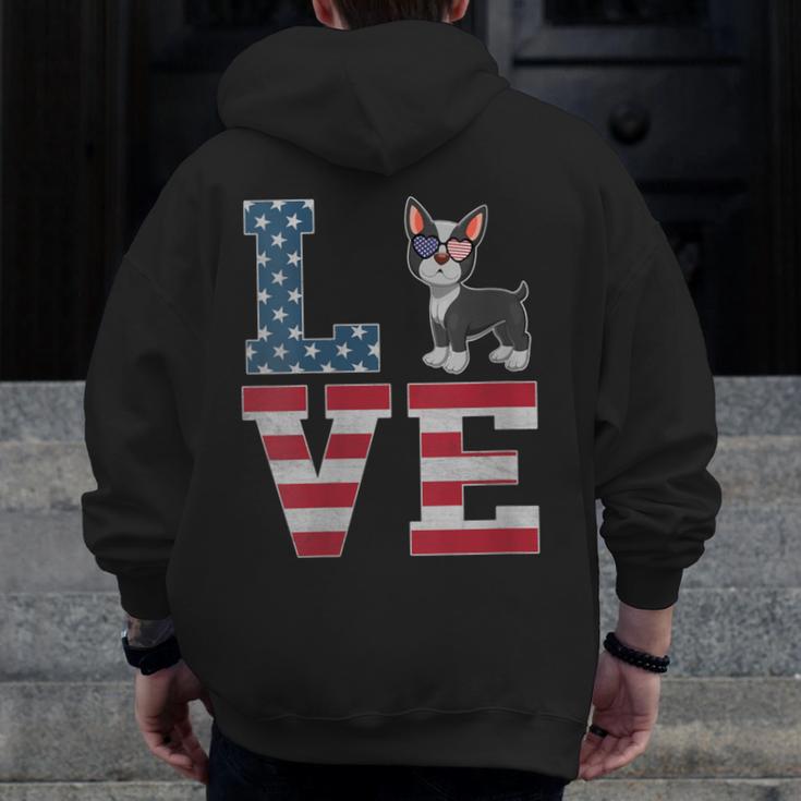 4th Of July Decor Patriotic LOVE Boston Terrier USA Flag Men Zip Up Hoodie Back Print, Patriotic Boston Terrier Gifts, Boston Terrier 4th Of July Gifts, funny design