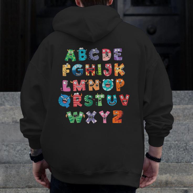 ABC Cute Monster Alphabet Halloween Teacher Costume Kids Men Zip Up Hoodie Back Print, funny design ABC Cute Monster Alphabet Halloween Teacher Costume Kids Men Zip Up Hoodie Back Print, funny design
