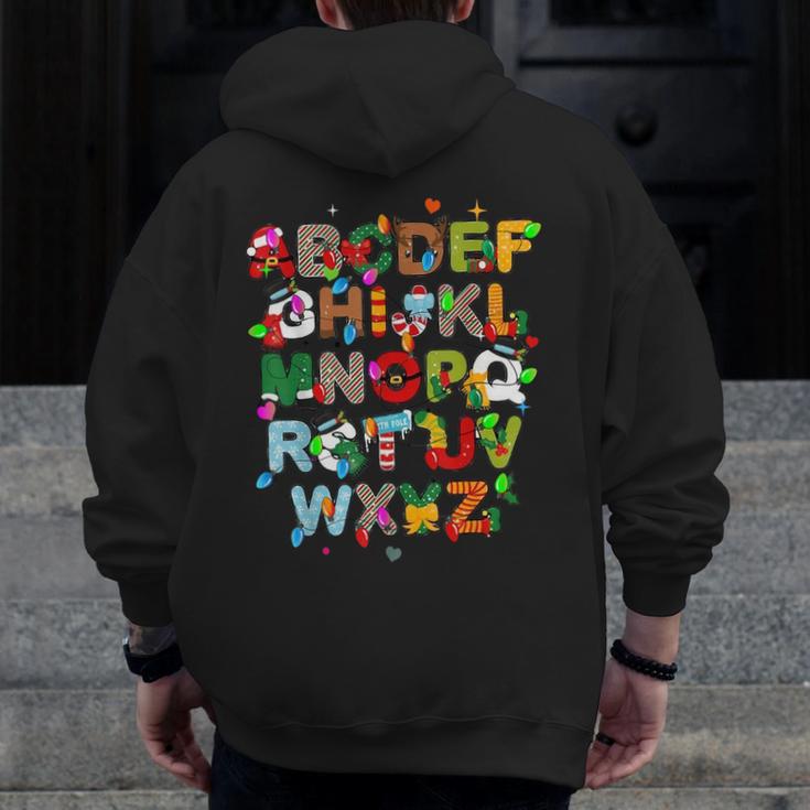 ABCs Learning Kindergarten Teacher Christmas Lights Alphabet For Men Women Kids Men Zip Up Hoodie Back Print, funny design