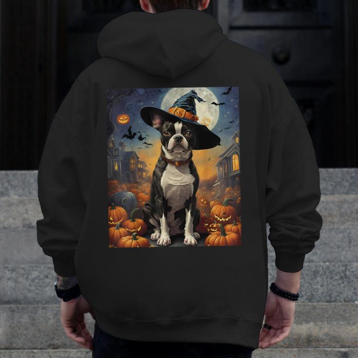Aesthetic Halloween Boston Terrier Dog Witch Pumpkin For Men Women Kids Men Zip Up Hoodie Back Print, Boston Terrier Halloween Gifts, funny design