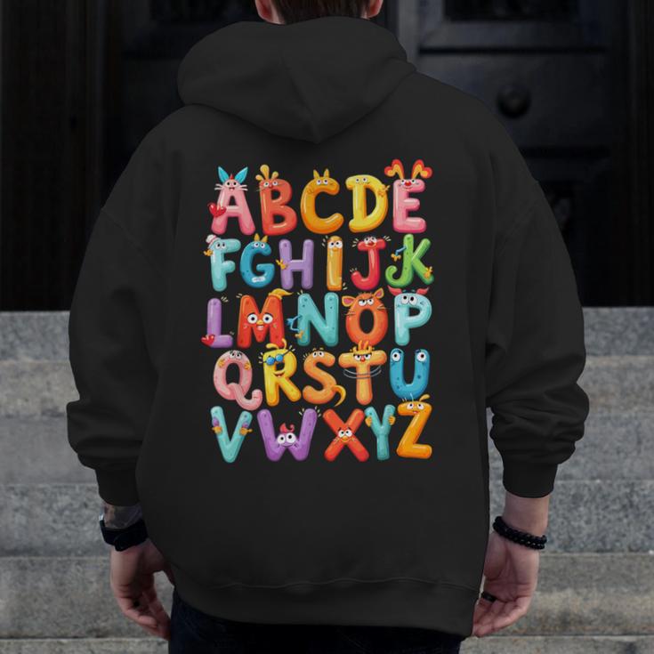 Alphabet A-Z ABC Kids Back To School Pre K Teachers Men Zip Up Hoodie Back Print, funny design