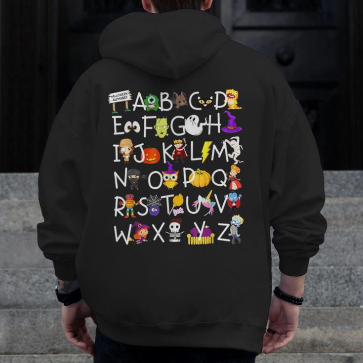 Alphabet ABCs Halloween Characters Kindergarten Teacher Kids Men Zip Up Hoodie Back Print, funny design