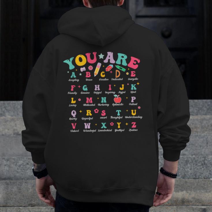 Alphabet Positive Affirmations Back To School Teacher Men Zip Up Hoodie Back Print, funny design Alphabet Positive Affirmations Back To School Teacher Men Zip Up Hoodie Back Print, funny design
