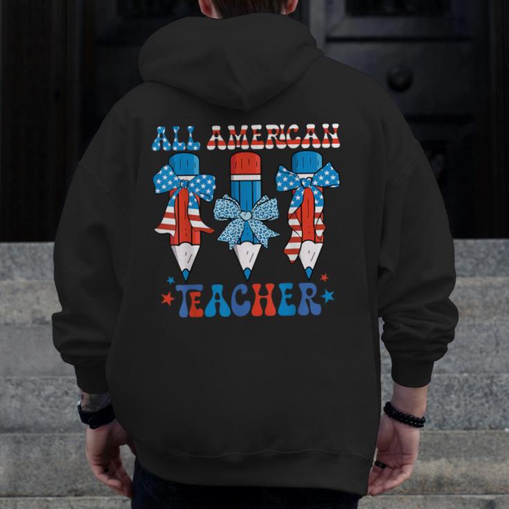 All American Teacher Pencil Coquette Bow USA Flag Teachers Men Zip Up Hoodie Back Print, funny design All American Teacher Pencil Coquette Bow USA Flag Teachers Men Zip Up Hoodie Back Print, funny design
