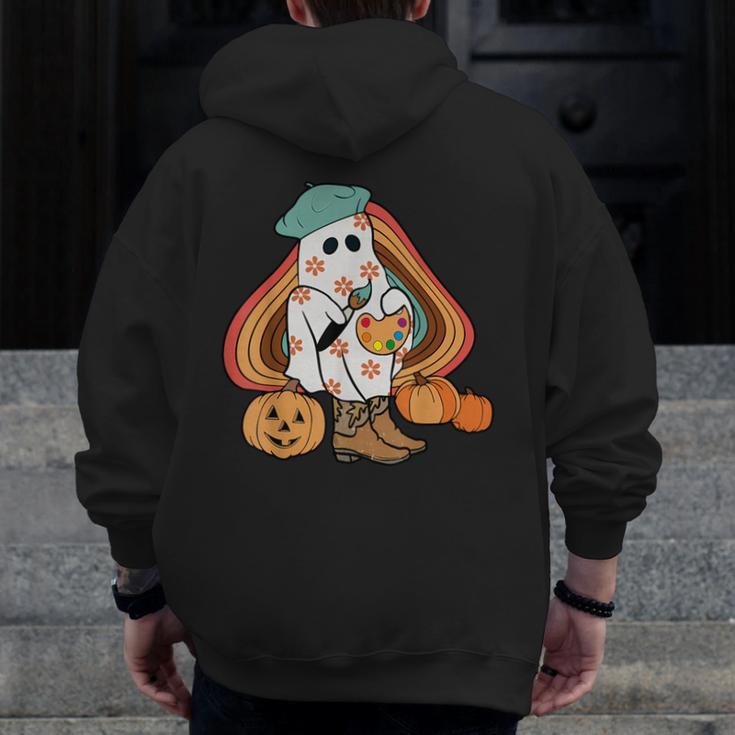 Art Teacher Painting Brushes Retro Pumpkin Ghost Artist Men Zip Up Hoodie Back Print, funny design