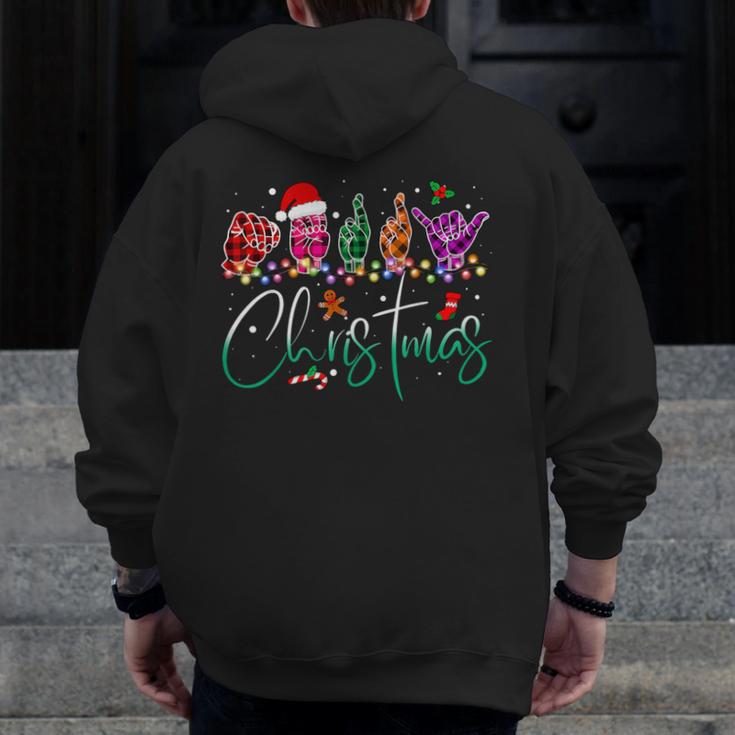 ASL Christmas Buffalo Plaid Teacher American Sign Language Men Zip Up Hoodie Back Print, funny design