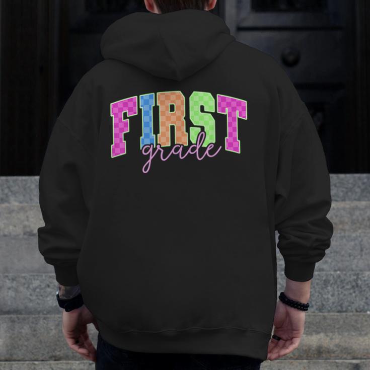 Back To School Neon Checkered First Grade Colorful Teacher Men Zip Up Hoodie Back Print, First Grade Teacher Gifts, funny design