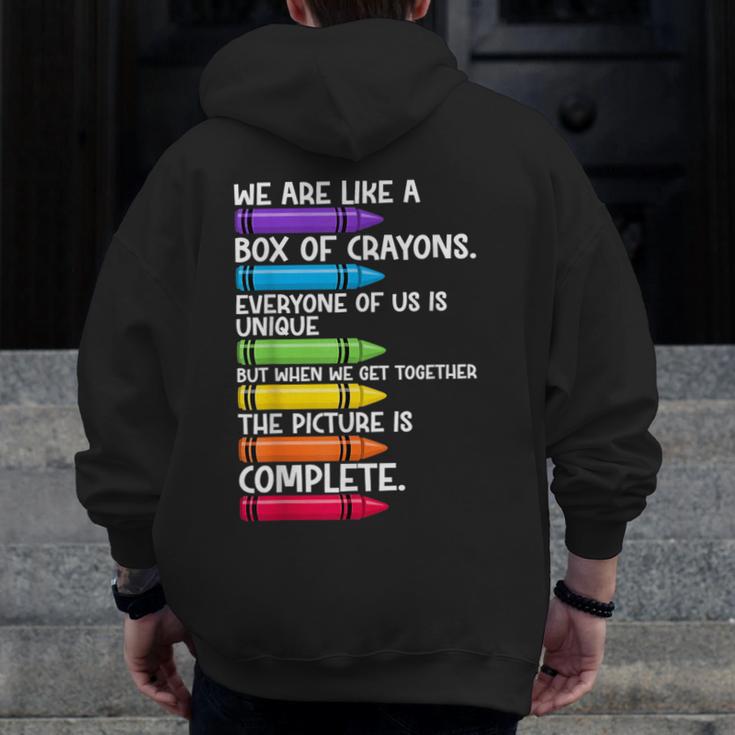 Back To School Teacher We Are Like A Box Of Crayons Men Zip Up Hoodie Back Print, funny design