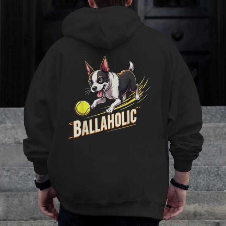 Ballaholic Boston Terrier Dog Chasing Bostie Ball Men Zip Up Hoodie Back Print, funny design