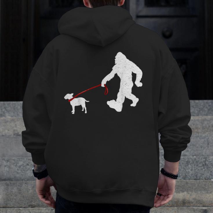 Bigfoot Walking With Bull Terrier Dog Men Zip Up Hoodie Back Print, funny design