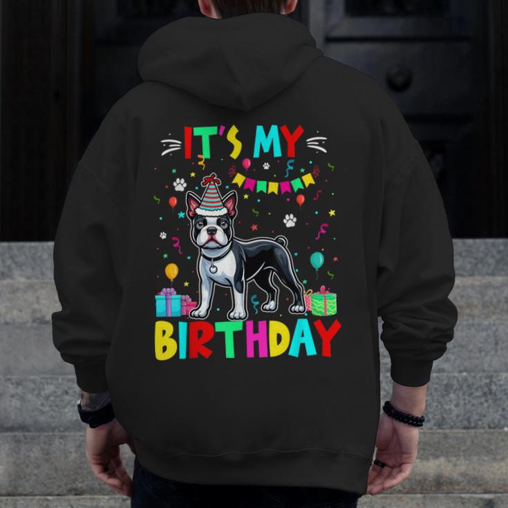 My Birthday Colorful Costume Boston Terrier Party Men Zip Up Hoodie Back Print, funny design