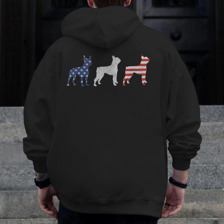 Boston Terrier 4th Of July Dog Patriotic USA Flag Man Woman Men Zip Up Hoodie Back Print, Patriotic Boston Terrier Gifts, Boston Terrier 4th Of July Gifts, funny design